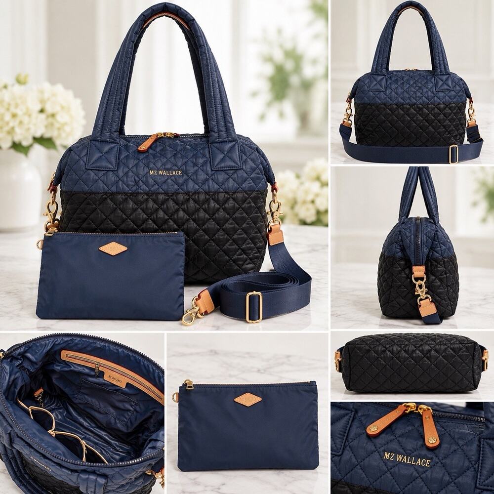 MZ Wallace Medium Sutton Deluxe Black Navy Tote Crossbody Bag Pouch NWOT